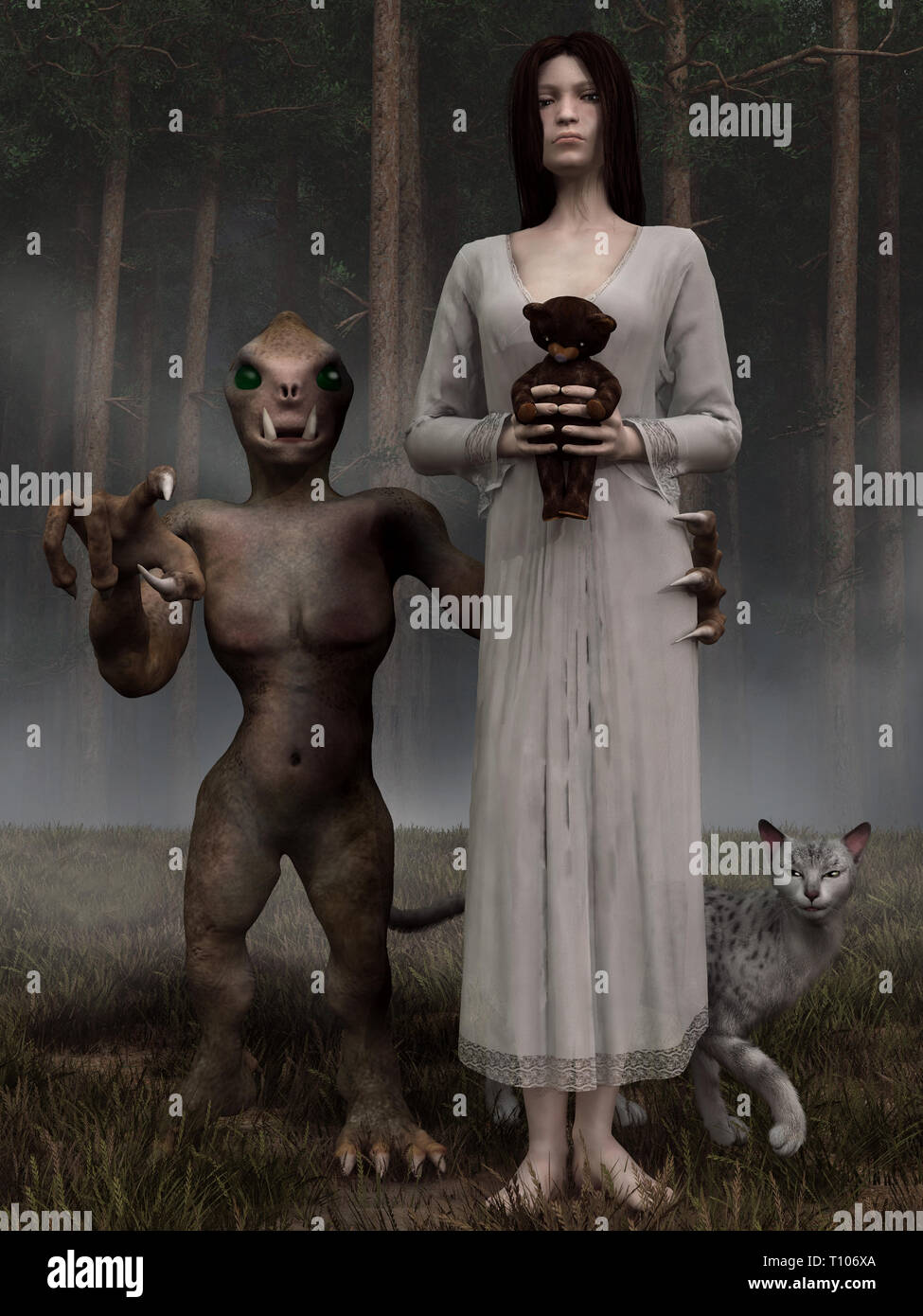 Eine blasse Junge Frau, Teddybär in der Hand, steht in ihrem Nachthemd vor einem dunklen Wald mit ihrer Katze. Eine gruselige Monster steht neben ihr. Stockfoto
