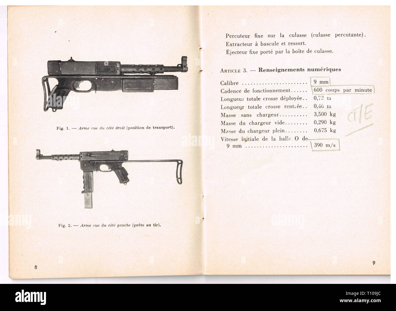 Militärische technische Handbuch auf Französisch Maschine Pistole BIN AM 1021 PM', Frankreich Stockfoto