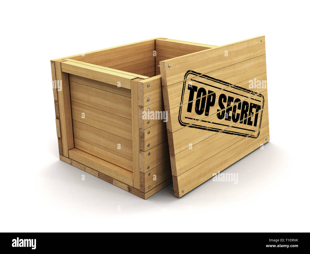 Holzkiste mit Stempel Top Secret. Bild mit Freistellungspfad Stockfoto