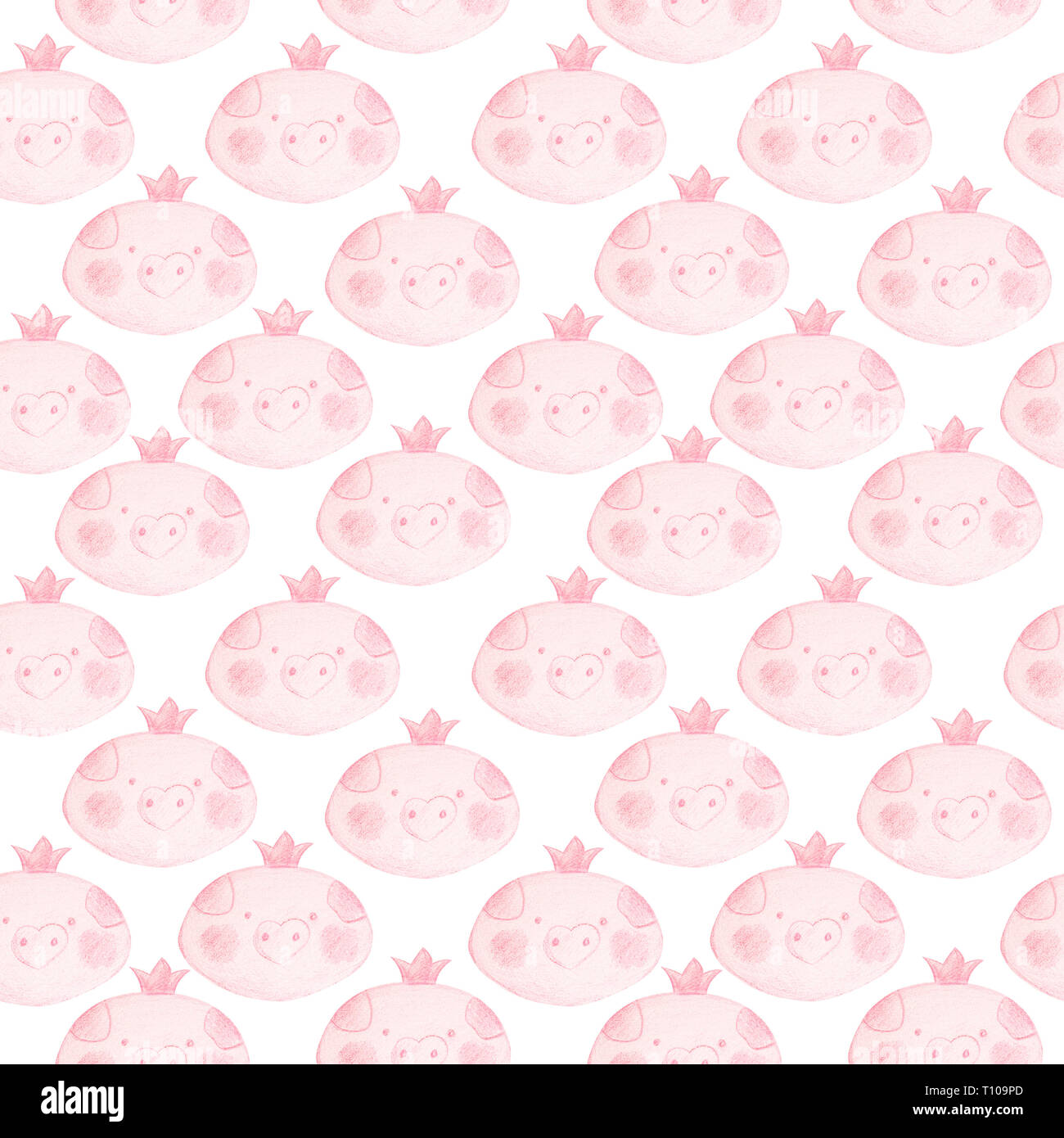 Cute nahtlose Muster mit lustigen Ferkel Prinzessinnen. Hintergrund mit rosa Gesichter der Ferkel Mädchen mit einem Röte auf den Wangen und einer Krone auf dem Kopf. Stockfoto
