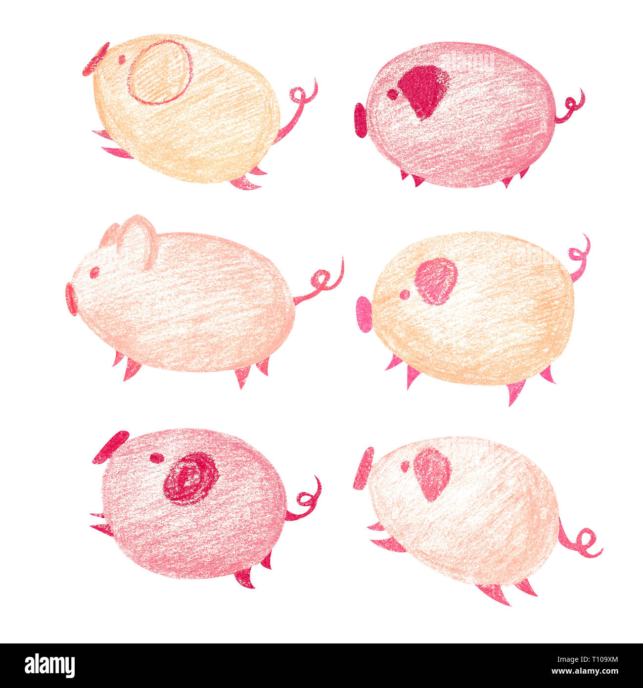 Cute Antenne cartoon springen Ferkel. Abbildung mit 6 Ferkel von Pink, Orange und Rot. Schwanz curl. Stockfoto