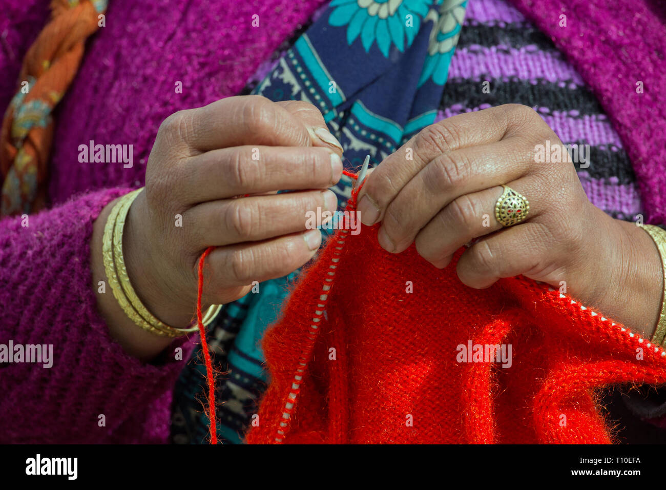 Stricken Hände. Bilden ein Aussatzmal aus der gefärbte Schafwolle. Frau trägt eine gestrickte Wolle Strickjacke und Pullover. Stricken, als sie auf den Markt geht. Himalayan Vorberg Dorf, im Norden Indiens. Stockfoto