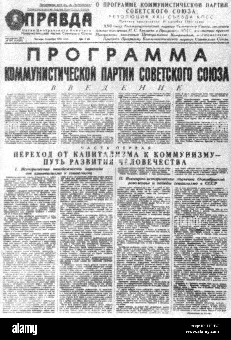 Presse/Medien, Zeitschriften, "Prawda" (Wahrheit), Chefredakteur: Pavel Satyukov, Titelseite, Moskau, 2.11.1961, Additional-Rights - Clearance-Info - Not-Available Stockfoto