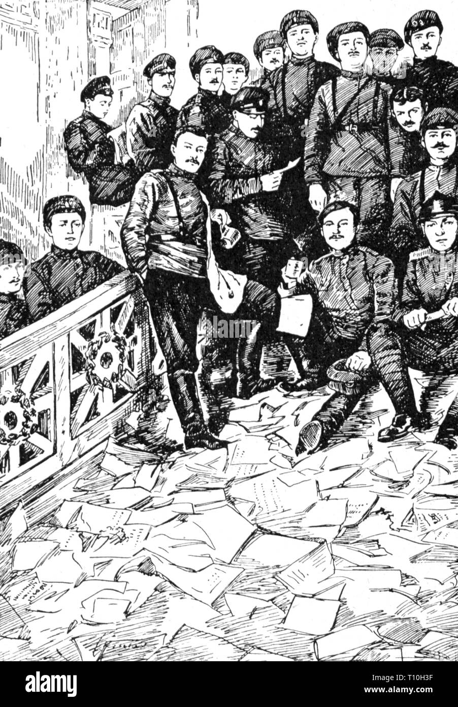Geographie/Reisen, Russland, Politik, Russische Revolution, Kadetten, die in der zerstörten Räume der 'Prawda', Zeichnung, Saint Petersburg, Juli 1917, Additional-Rights - Clearance-Info - Not-Available Stockfoto
