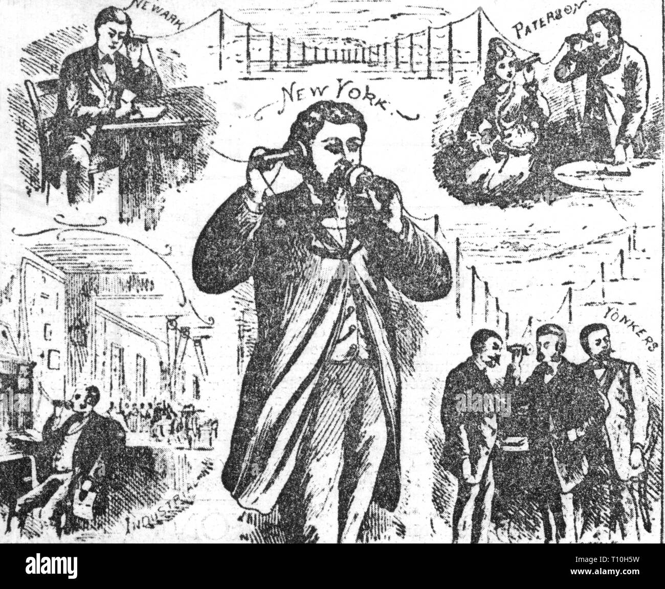 E-Mail, Telefon, Telefonie System von Alexander Graham Bell, Verbindung von New York City nach Newark, Paterson und Yonkers, Holzstich, "Scientific American", 6.10.1877, Artist's Urheberrecht nicht geklärt zu werden. Stockfoto