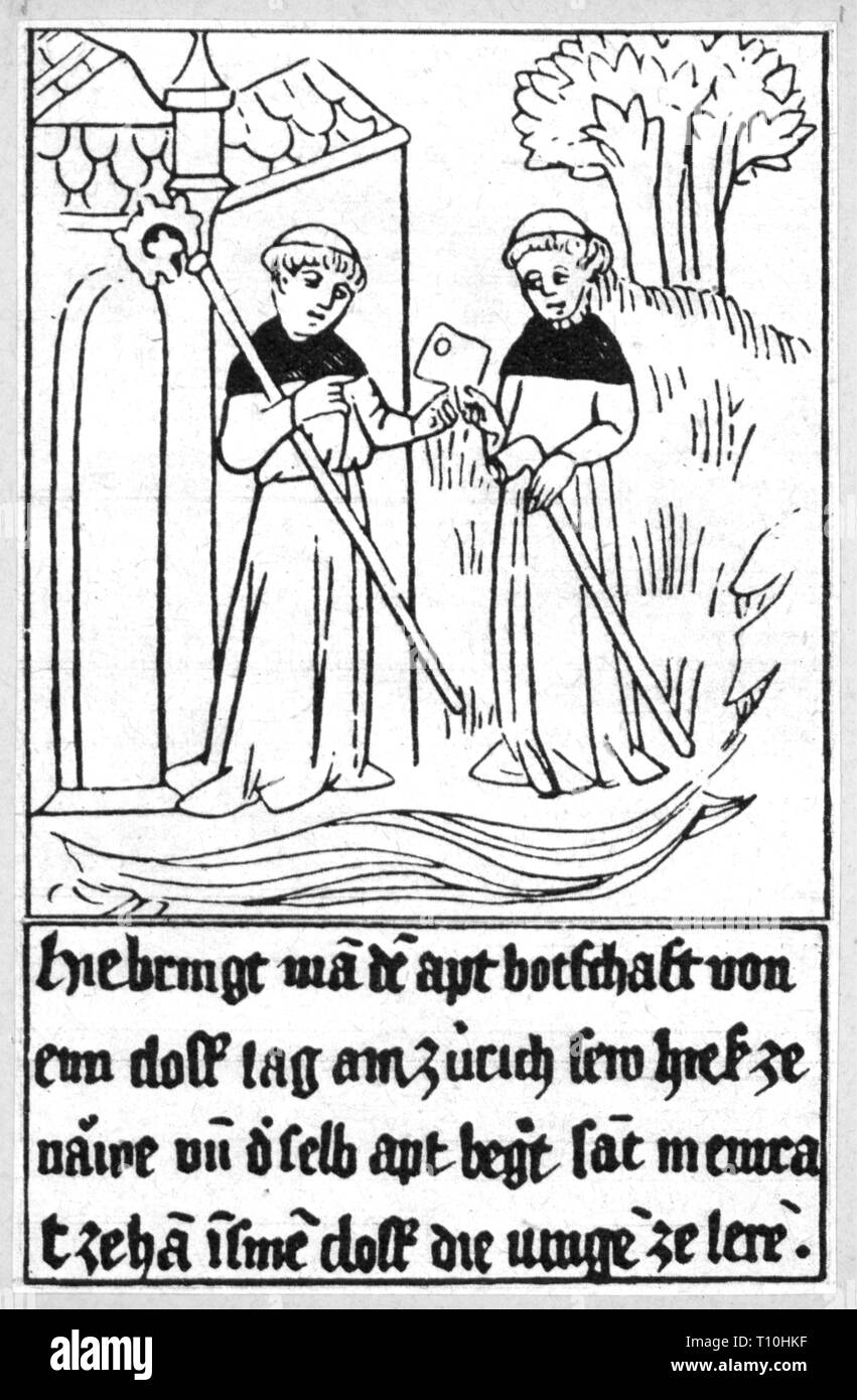 Religion, kirchliche Aufträge, Dominikanische Ordnung (ordo fratrum praedicatorum), Messenger ein Kloster ist ein Brief, auf beleuchteten Manuskript, aus dem 15. Jahrhundert, Kloster, Kloster, Christentum, Abt, Äbte, Mönch, ihr Mönche, Gewohnheit, Gewohnheiten, Kleidung, Boten, Kloster, Messenger, Boten zwischen Klöstern, mail, Post, Brief, Briefe, Nachricht, Nachrichten, Neuigkeiten, Kommunikation, Kommunikation, Mittelalter, Deutschland, Heiligen Römischen Reiches, HRE, Script, Scripts, Deutsche Sprache, Mittelhochdeutschen, Leute, Männer, Mann, Priester, Kleriker, Kleriker, der Religion, der Künstler das Urheberrecht nicht gelöscht werden Stockfoto