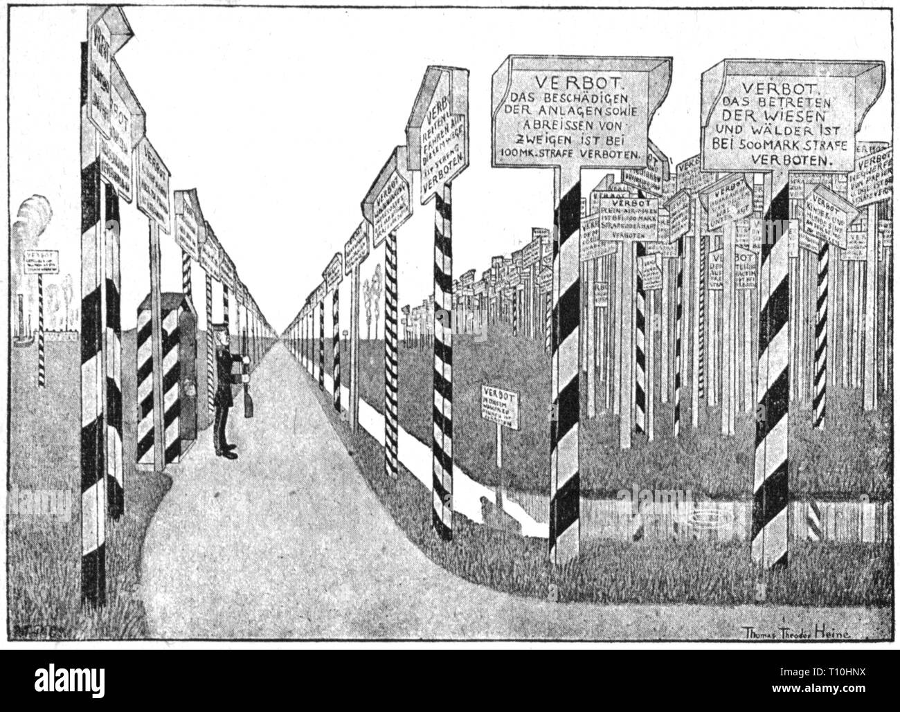 Gerechtigkeit, Dekrete, 'Deutsche Landschaft' (Querformat), Zeichnung von Thomas Theodor Heine (1867 - 1948), aus: "Fliegende Blaetter, München, um 1900, Artist's Urheberrecht nicht geklärt zu werden. Stockfoto