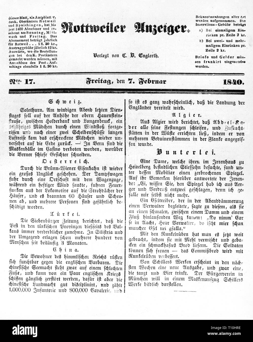 Presse/Medien, Zeitschriften, "Rottweiler Anzeiger, Titelseite, Nummer 17, Rottweil, 7.2.1840, Additional-Rights - Clearance-Info - Not-Available Stockfoto