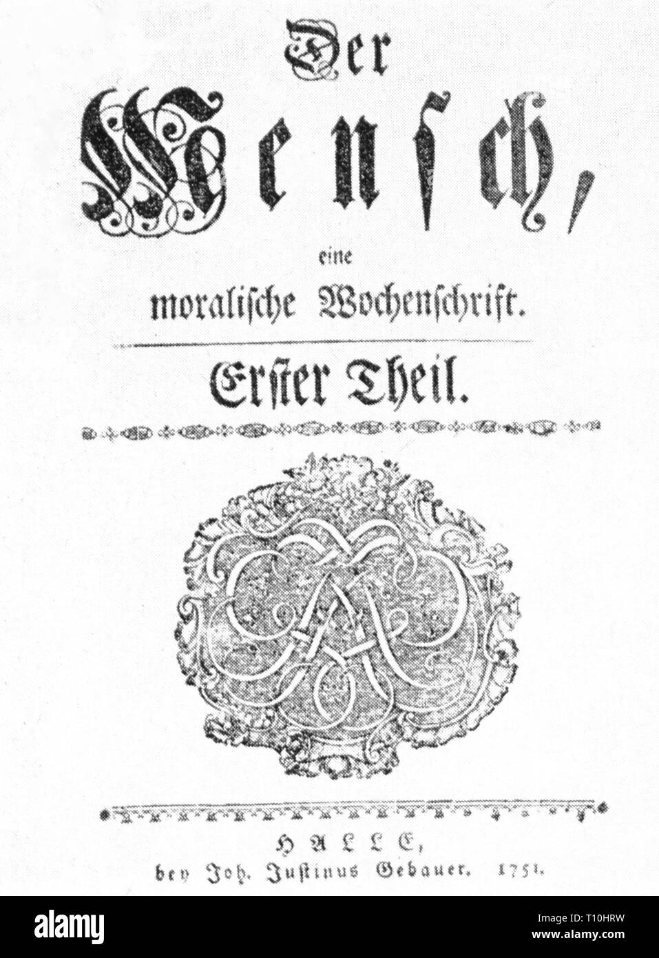 Presse/Medien, Zeitschriften, 'Der Mensch' (der Mensch), Titelseite, erster Teil, Halle, 1751, Artist's Urheberrecht nicht geklärt zu werden. Stockfoto
