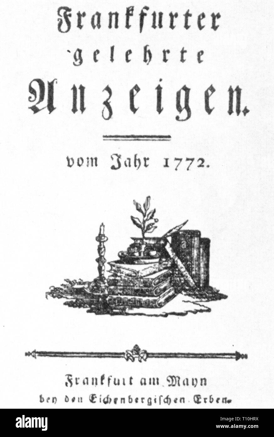 Presse/Medien, Zeitschriften, "Frankfurter gelehrte Anzeigen", Titelseite, Frankfurt, 1772, Artist's Urheberrecht nicht gelöscht werden Stockfoto