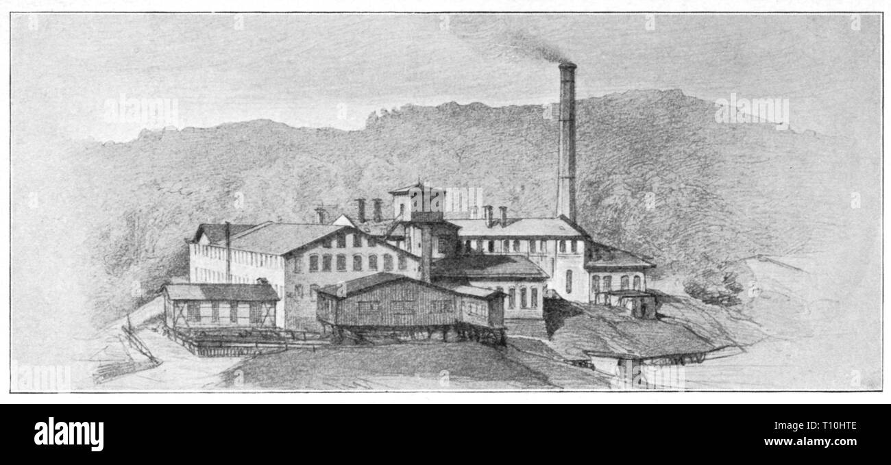 Industrie, Papierherstellung, Hammermuehle Papiermühle, Außenansicht, Lithographie, um 1900, Polen, Pommern, Industriebau, Fabrikgebäude, Manufaktur, Manufakturen, Schornstein, Schornsteine, Papier, Papiere, Papier, Industrie, Fabrik, Gießerei, Produktionsanlagen, Produktionsanlagen, Fabriken, Gießereien, Produktionsanlagen, Produktionsanlagen, Unternehmen, Unternehmen, Arbeit, Arbeiten, 20. Jahrhundert, 1900s, Branche, Branchen, Papiermühle, Papierfabrik, Papierfabriken, Papierfabriken, historischen, geschichtlichen, Hammermuhle, Hammermühle, Artist's Urheberrecht nicht gelöscht werden Stockfoto