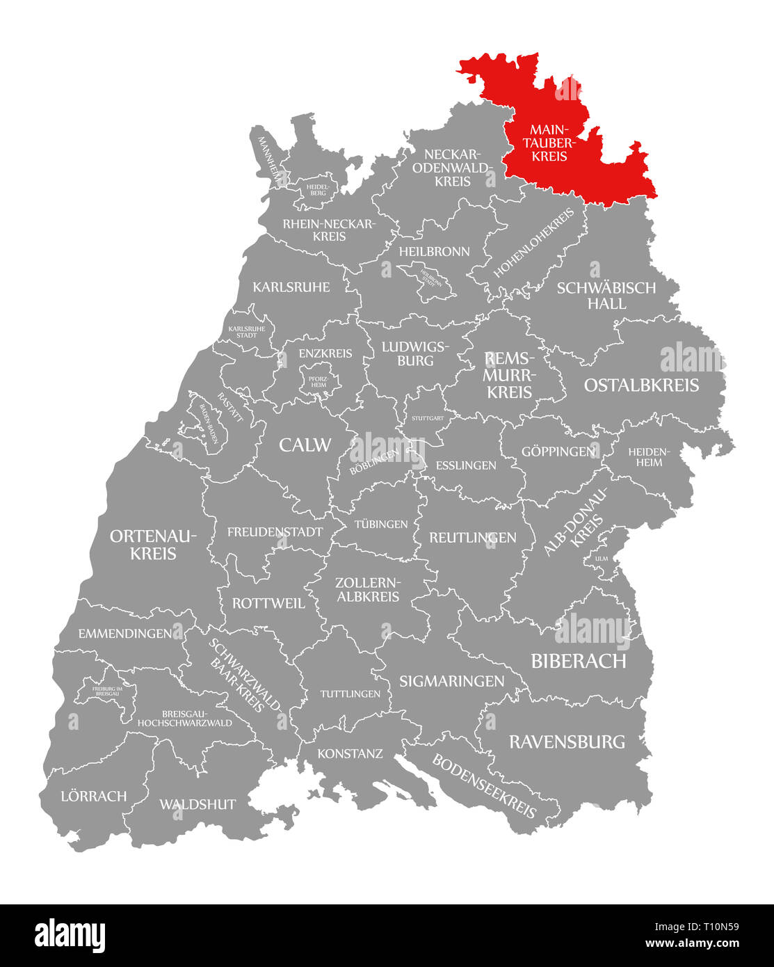 Main-Tauber-Kreis Grafschaft in Rot hervorgehoben Karte von Baden Württemberg Deutschland Stockfoto