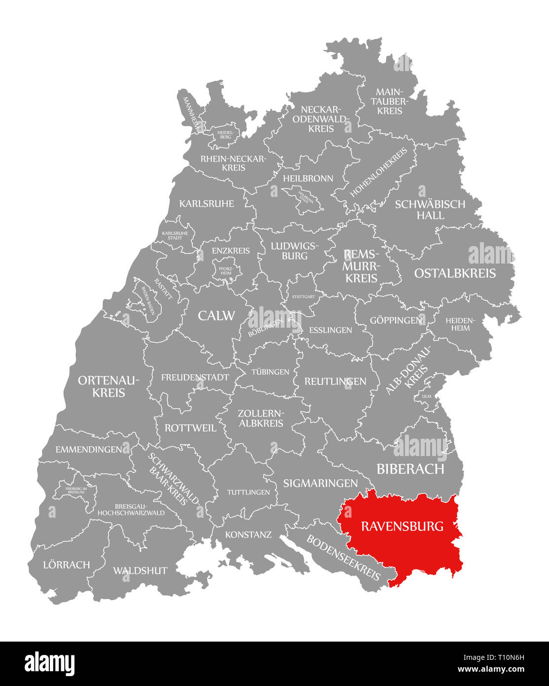 Kreis Ravensburg in Rot hervorgehoben Karte von Baden Württemberg Deutschland Stockfoto