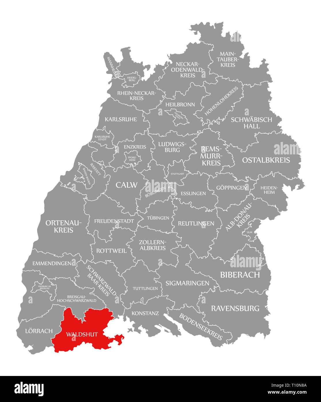 Kreis Waldshut in Rot hervorgehoben Karte von Baden Württemberg