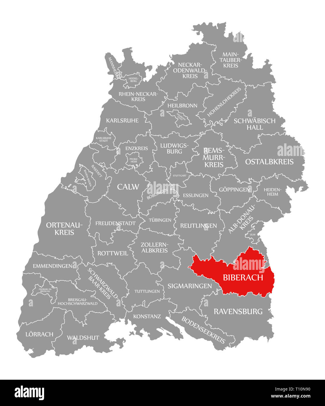 Biberach County in Rot hervorgehoben Karte von Baden Württemberg Deutschland Stockfoto