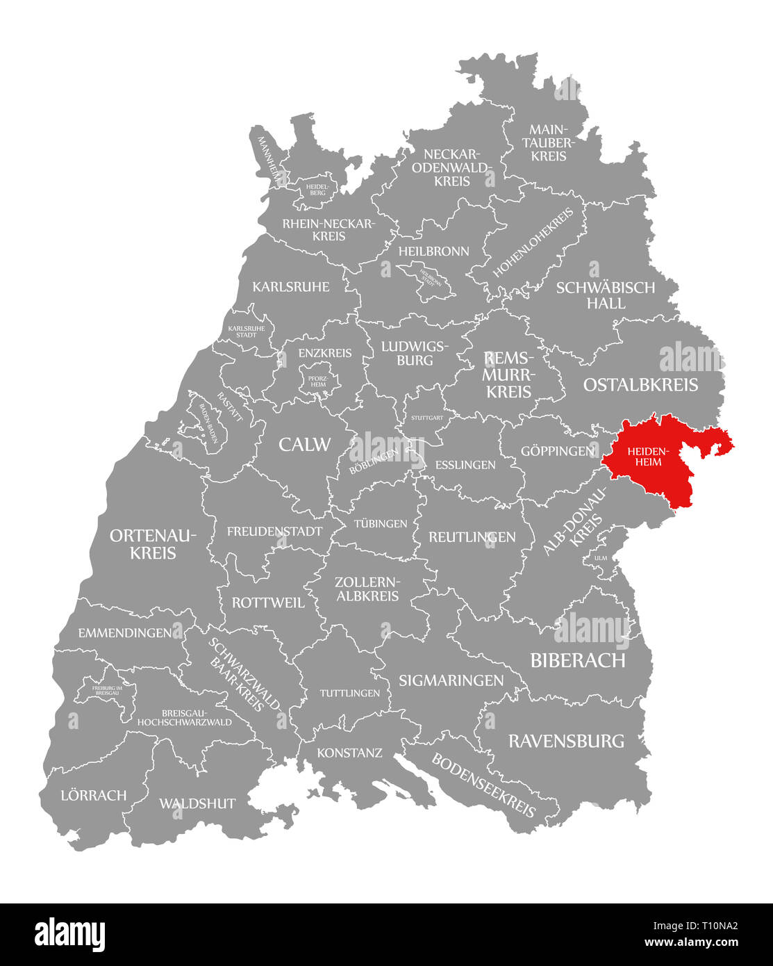Heidenheim County in Rot hervorgehoben Karte von Baden Württemberg