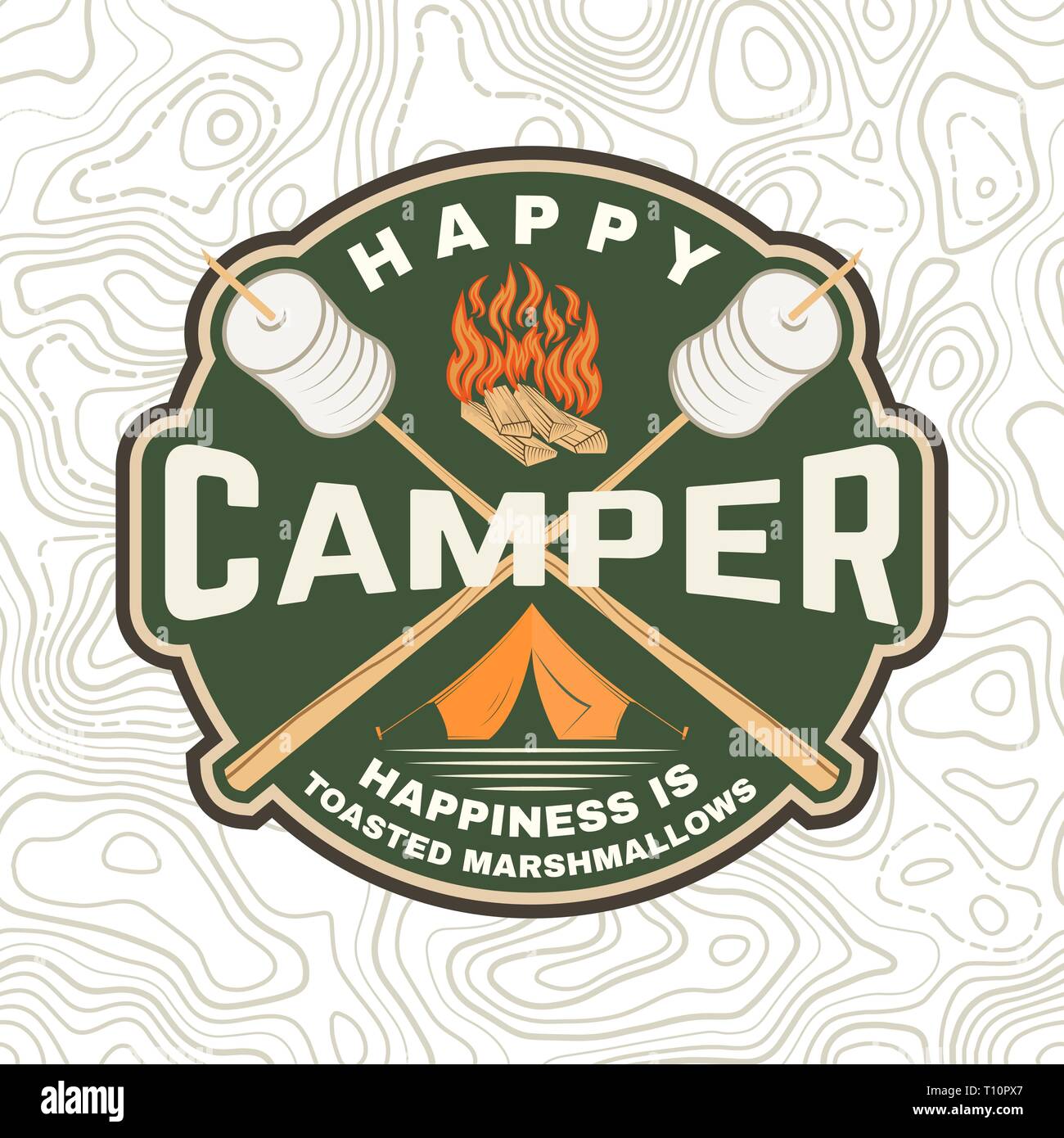 Happy Camper Patch. Glück ist gerösteten Marshmallows. Vektor. Vintage Typografie Design mit Camping Zelt, Lagerfeuer, Marshmallow auf einem Stick Silhouette. Konzept für Hemd oder Drucken, Stempel oder T-Stück Stock Vektor
