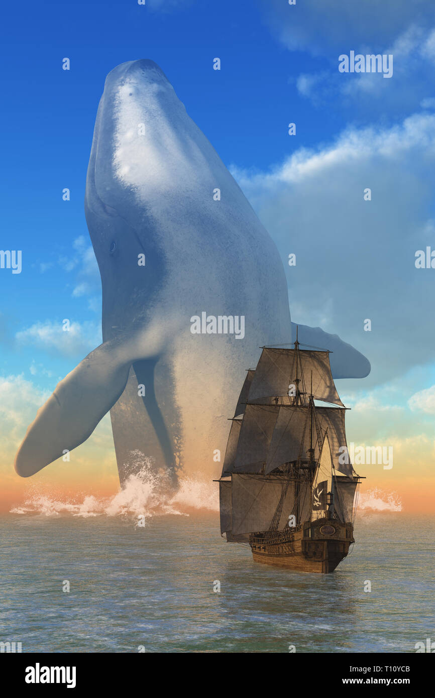 Eine übernatürlich großen Buckelwal entsteht aus dem Meer vor einem Piratenschiff. Dies ist keine regelmäßige Marine Mammal aber ein Leviathan. Stockfoto