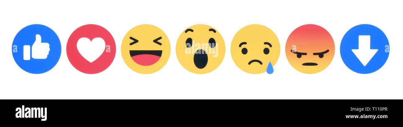 Kiew, Ukraine - November 28, 2018: Neue Facebook wie Knopf 7 einfühlsam Emoji Reaktionen auf weißem Papier gedruckt. Facebook testet Neue Downvote Taste Stockfoto