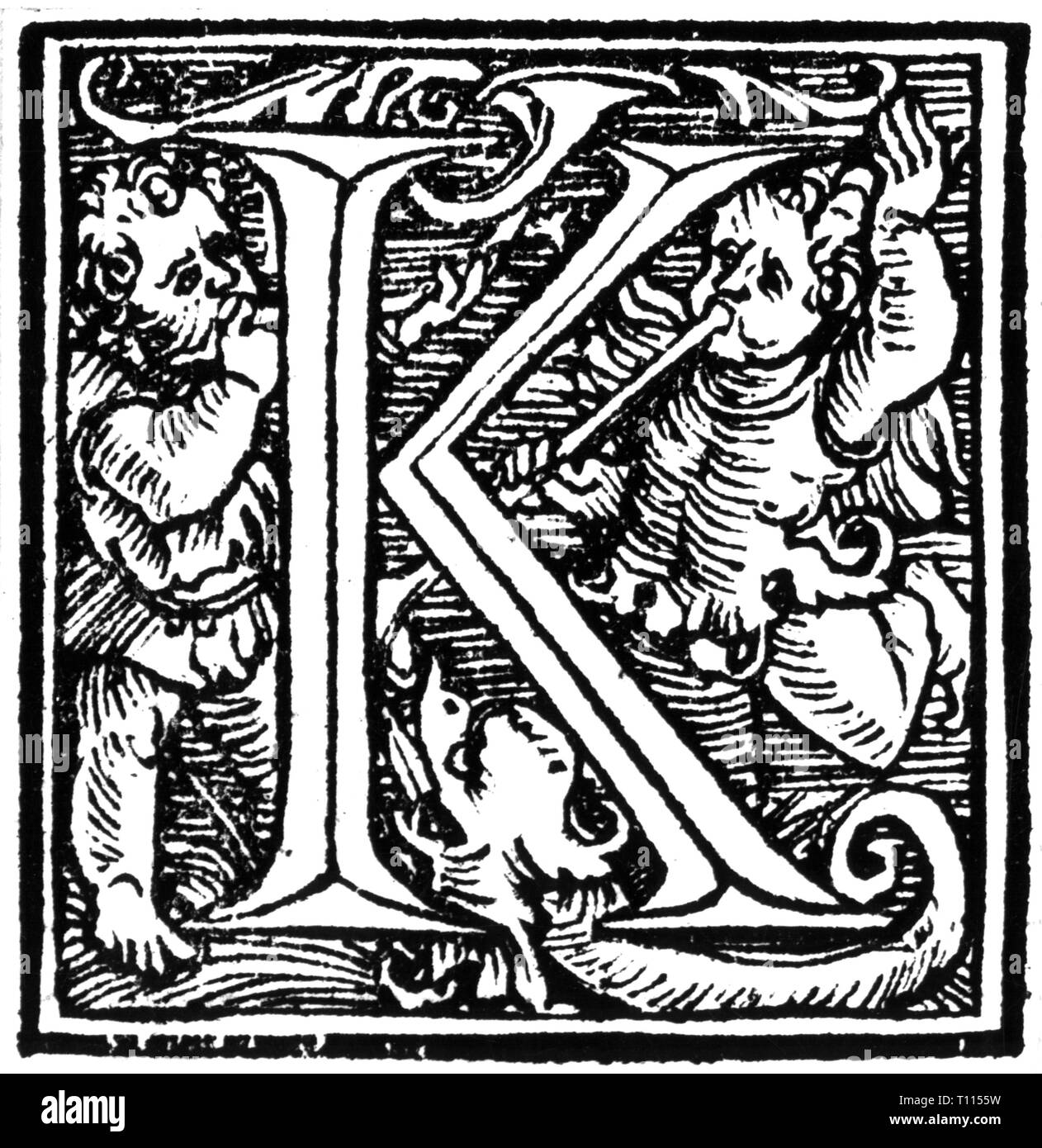 Schreiben, Script, Latein, die Capitalis Monumentalis, erste 'K' aus: 'Liber Missarum quindecim", gedruckt von Johannes Petreius, Nürnberg, 1539, Additional-Rights - Clearance-Info - Not-Available Stockfoto