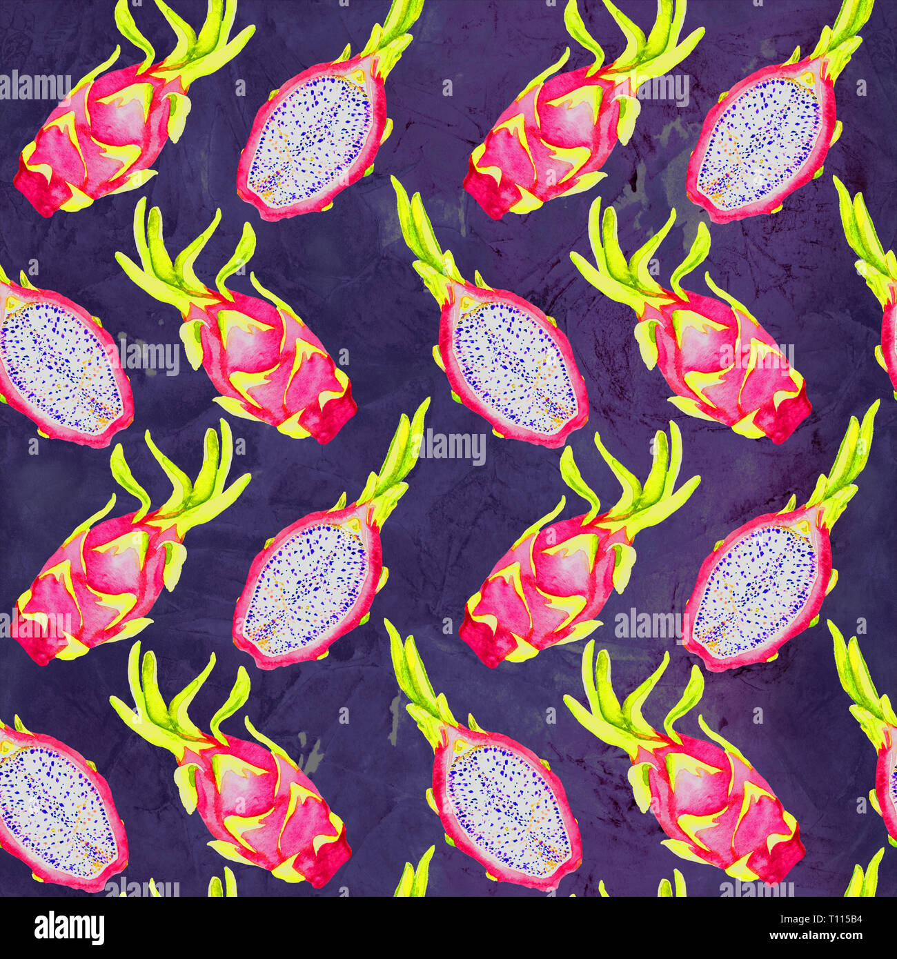 Ganze Drache Obst und Schneiden Schneiden, nahtlose Muster, handbemalte watercolor Illustration, dunkelblau, hellblau, violett Marmor Textur Hintergrund Stockfoto