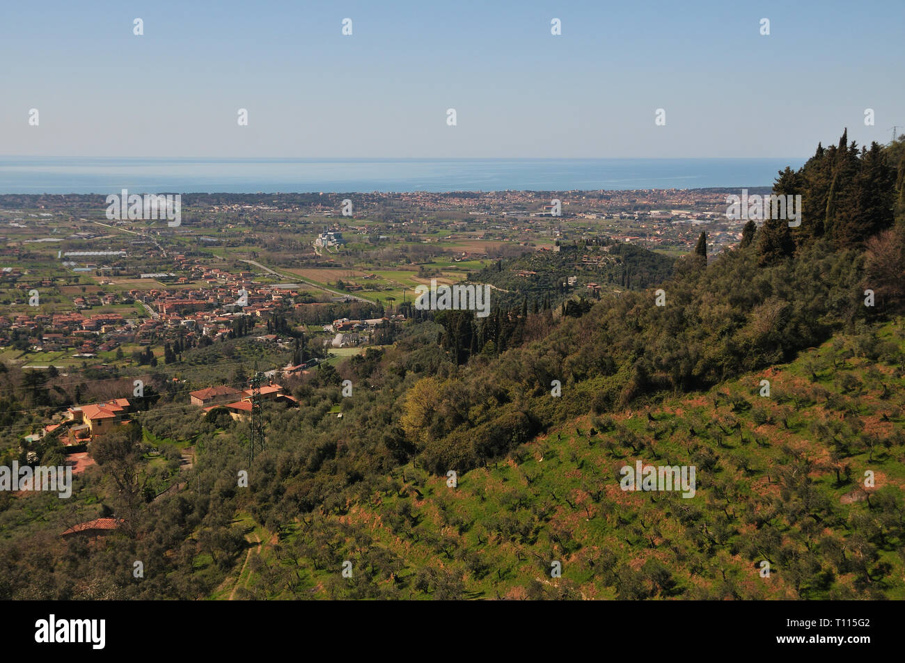 Die Hügel von Camaiore in der Toskana mit einem atemberaubenden Blick auf das Tyrrhenische Meer. Stockfoto