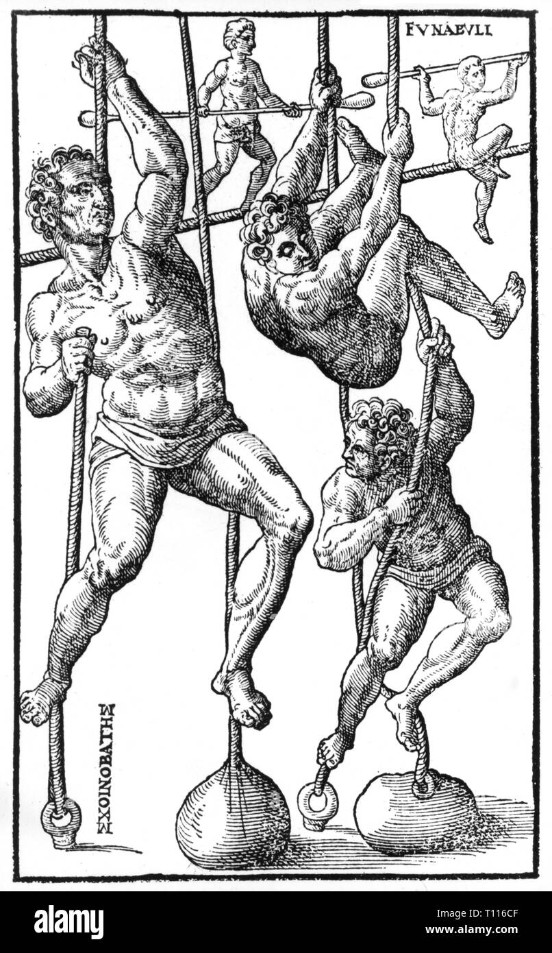 Sport, Gymnastik, Übungen, Klettern am Seil und Balancing, Holzschnitt, "Artis gymnasticae' von Hieronymus Mercurialis, Venedig, 1569, Artist's Urheberrecht nicht geklärt zu werden. Stockfoto