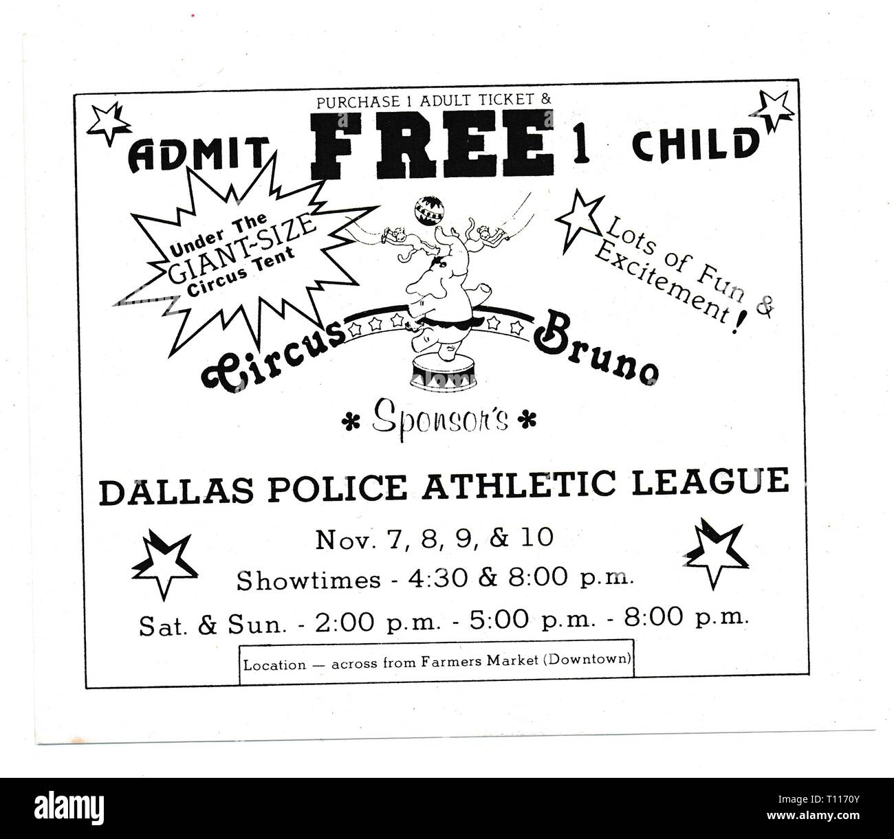 Ticket für Circus Bruno circus Event von Dallas Police Athletic League, Dallas, Texas, 1970 statt. () Stockfoto