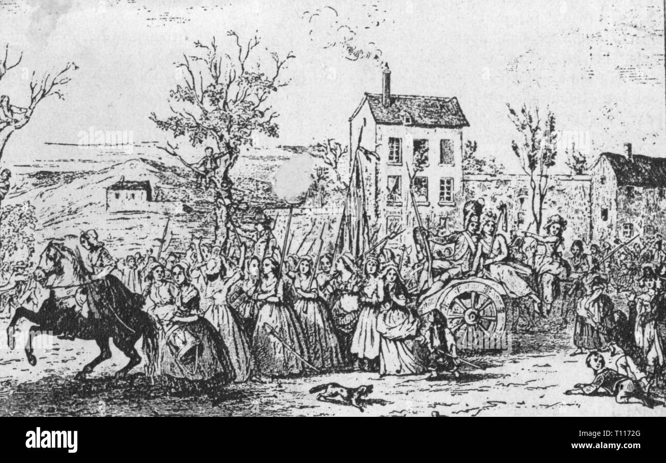 Französische Revolution 1789 - 1799 März der Frauen nach Versailles, 5.10.1789, Holzstich, ca. 1842, fishwives, Markt Frauen, Demonstration, Demo, Demos, Demos, Rallye, Masse, Massen, Massen von Menschen, Revolutionär, revolutionäre, Aufstand, Rebellion, Aufständen, Revolten, Aufstände, Revolten, Königreich Frankreich, 18. Jahrhundert, 19. Jahrhundert, Revolution, Revolutionen, März, Märsche, historischen, geschichtlichen, Additional-Rights - Clearance-Info - Not-Available Stockfoto