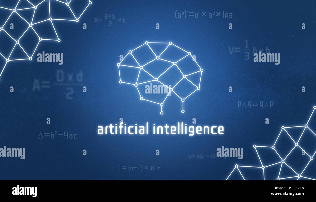 Künstliche Intelligenz Konzept. Gehirn wie ein roter Faden, ein Zusammenschluss von Wissen und mathematische Formeln. Stockfoto