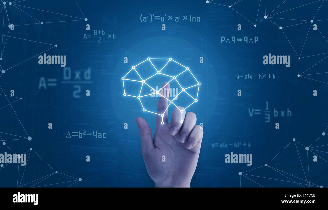 Hand berühren Netzwerk Gehirn Konzept, mit mathematischen Formeln und Netzwerk threads umgeben. Stockfoto