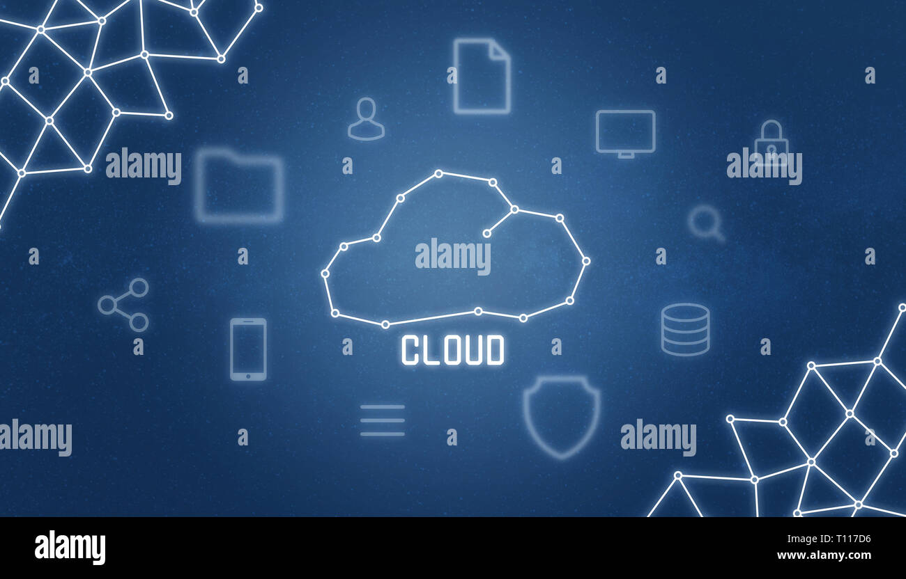Cloud Zeichnung mit Ikonen der Datei, Ordner, Computer, vorhängeschloss Konzept der Sicherheit, soziale Netzwerke teilen, Smart Phone, User... Stockfoto
