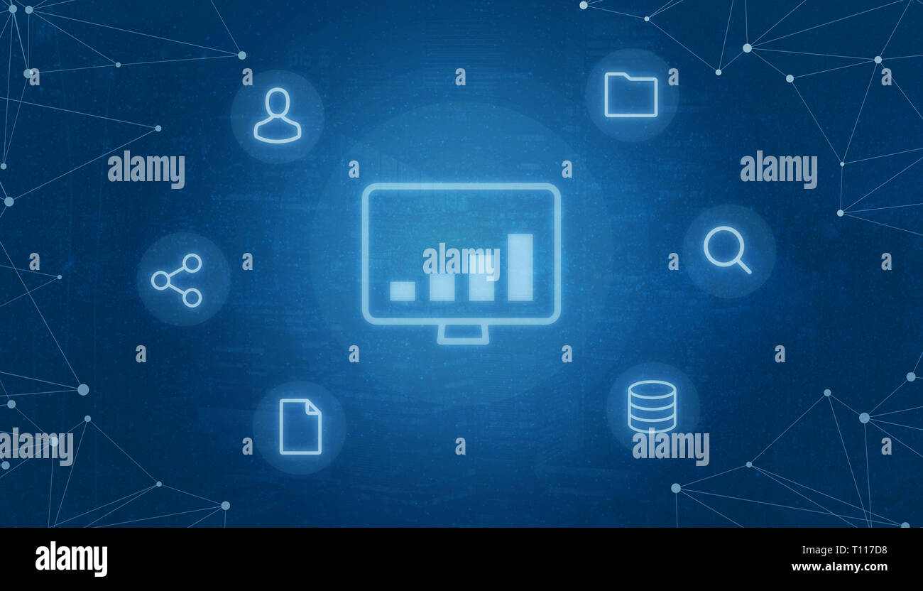 Internet der Dinge Konzept mit Computing tehnology Wachstum Symbol mit Ikonen des Rechenzentrums, Suche, Ordner, Dateien, soziale Netzwerk umgeben und Stockfoto