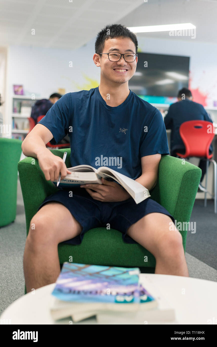 Ein männlicher Südostasiatischen student sitzt und liest in der Bibliothek Stockfoto