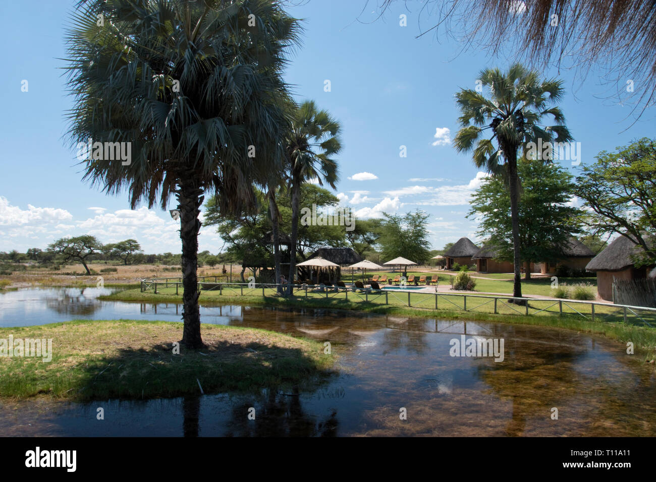 Blick auf das Wasserloch und Gast rondavels im Onguma Bush Camp, eine Lodge mit seinen eigenen Wildlife Reserve gerade außerhalb des Etosha National Park, Nami Stockfoto