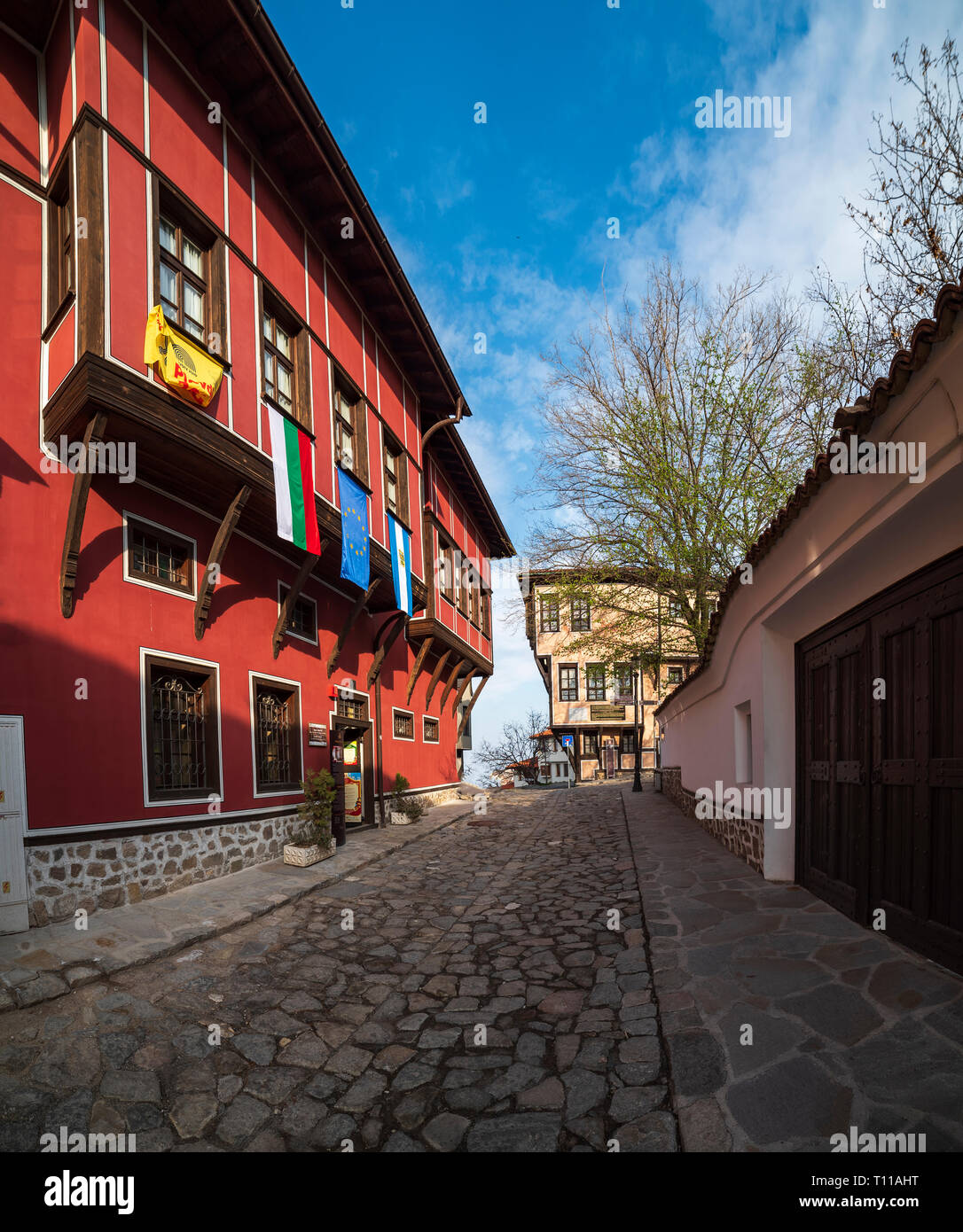 Typische Architektur, historische mittelalterliche Häuser in Bulgarien. Das Ethnographische Museum von Plovdiv. Alte Plovdiv ist UNESCO-Welterbe Stockfoto