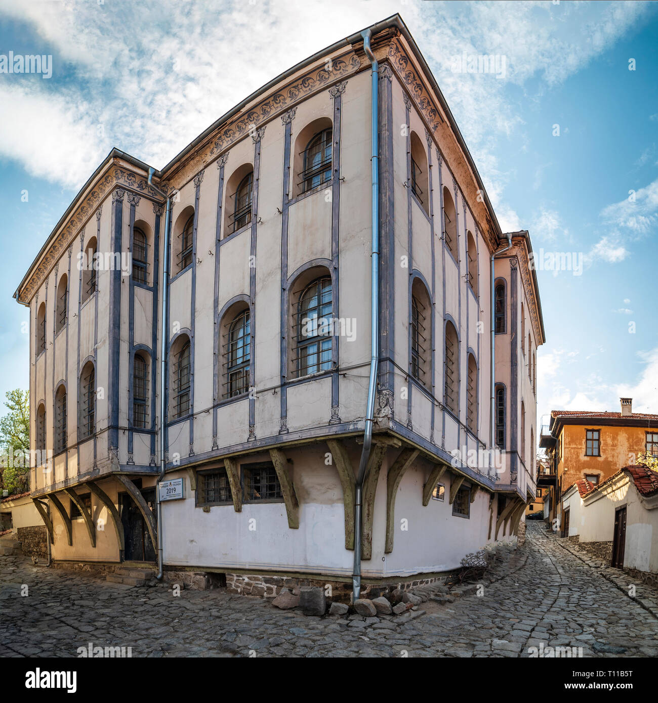 Typische Architektur, historische mittelalterliche Häuser in Bulgarien. Alte Plovdiv ist UNESCO-Welterbe Stockfoto