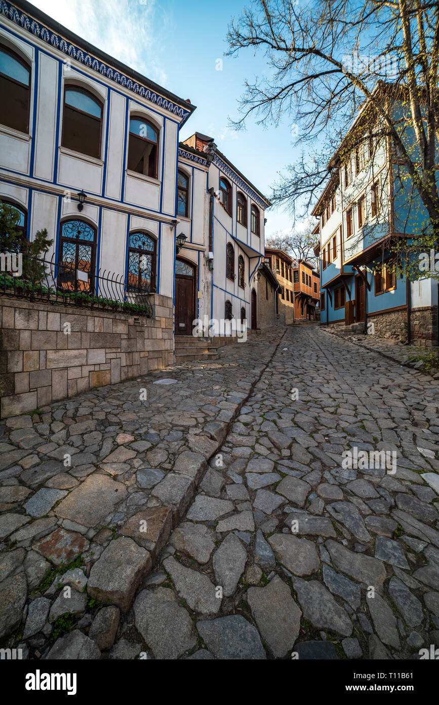 Typische Architektur, historische mittelalterliche Häuser in Bulgarien. Alte Plovdiv ist UNESCO-Welterbe Stockfoto