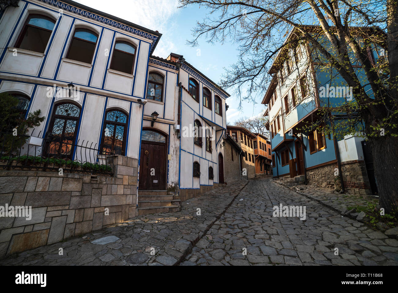 Typische Architektur, historische mittelalterliche Häuser in Bulgarien. Alte Plovdiv ist UNESCO-Welterbe Stockfoto