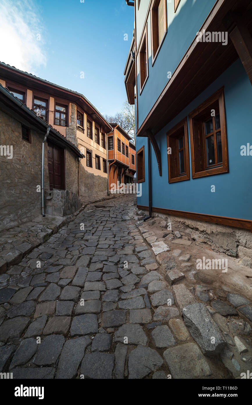 Typische Architektur, historische mittelalterliche Häuser in Bulgarien. Alte Plovdiv ist UNESCO-Welterbe Stockfoto
