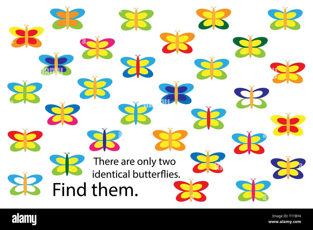 Zwei identische Schmetterlinge finden, Frühling Spaß Bildung puzzle Spiel für Kinder, Vorschule Arbeitsblatt Aktivität für Kinder, Aufgabe für die Entwicklung der Stock Vektor