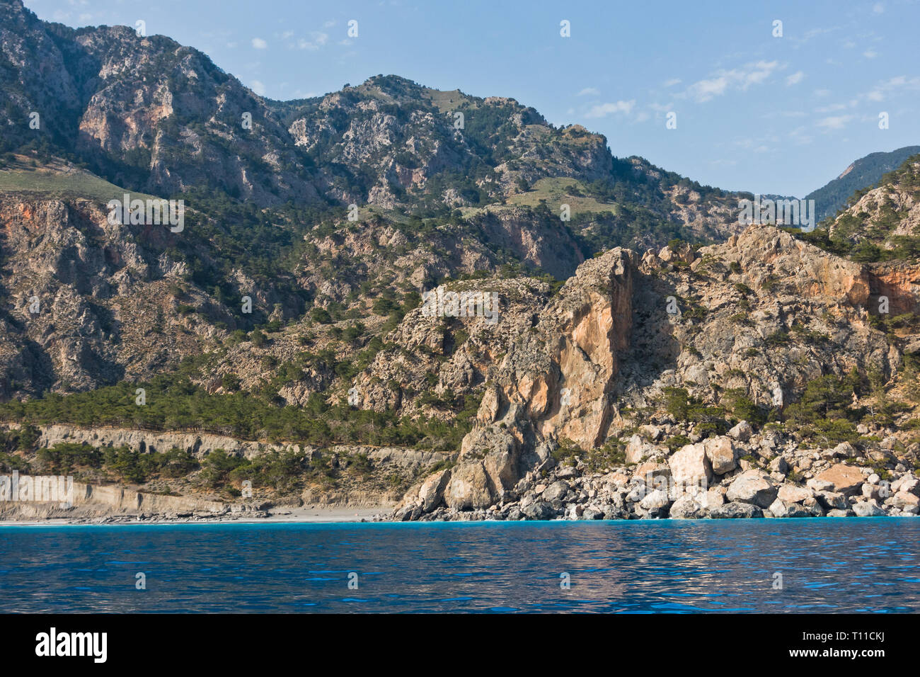 Blick von der Fähre nach Sougia Strand, süd-westlich von der Insel Kreta, Griechenland Stockfoto