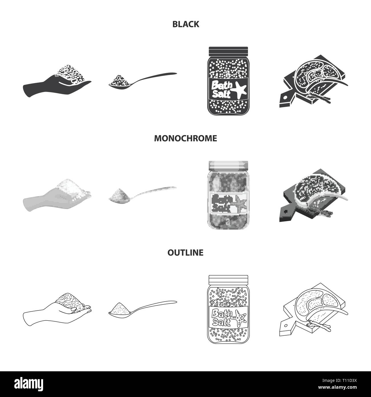 Arm, Löffel, Flaschen, Fleisch, Handvoll, salzig, Board,, Bath, Spa, Restaurant, Gewürze, Vintage, Streuen, Pulver, weiß, Mehl, sauber, Picknick, kochen, Meer, Natur, Backen, Salz, Nahrungsmittel-, Natrium-, Mineral, Raw, Küche, Set, Vector, Icon, Illustration, isoliert, Sammlung, Design, Element, Grafik, Zeichen, Vektor, Vektoren, Stock Vektor