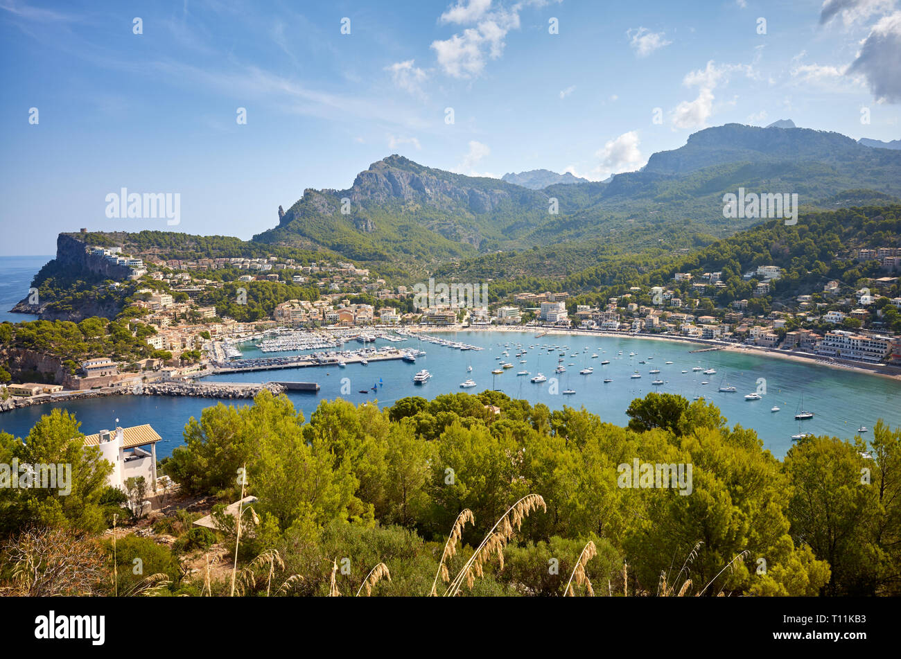 Panoramablick von Port de Soller, Mallorca. Stockfoto