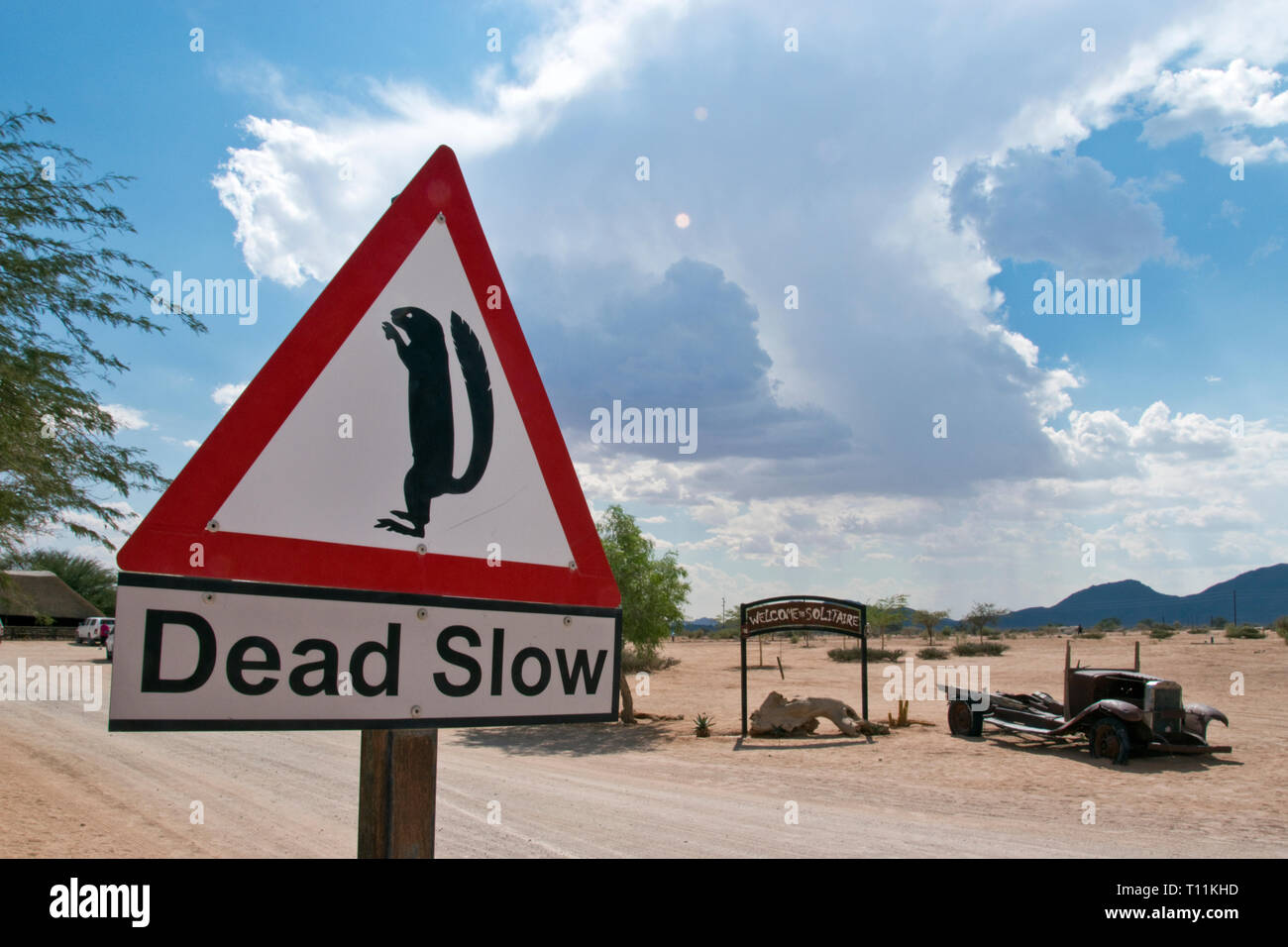 Ein Schild warnt zu gehen 'Dead Langsam" weil der Tiere, an die Solitaire Tankstelle, Cafe und Shop, auf dem Weg zu den roten Dünen im Sossusvlei, Namibia. Stockfoto