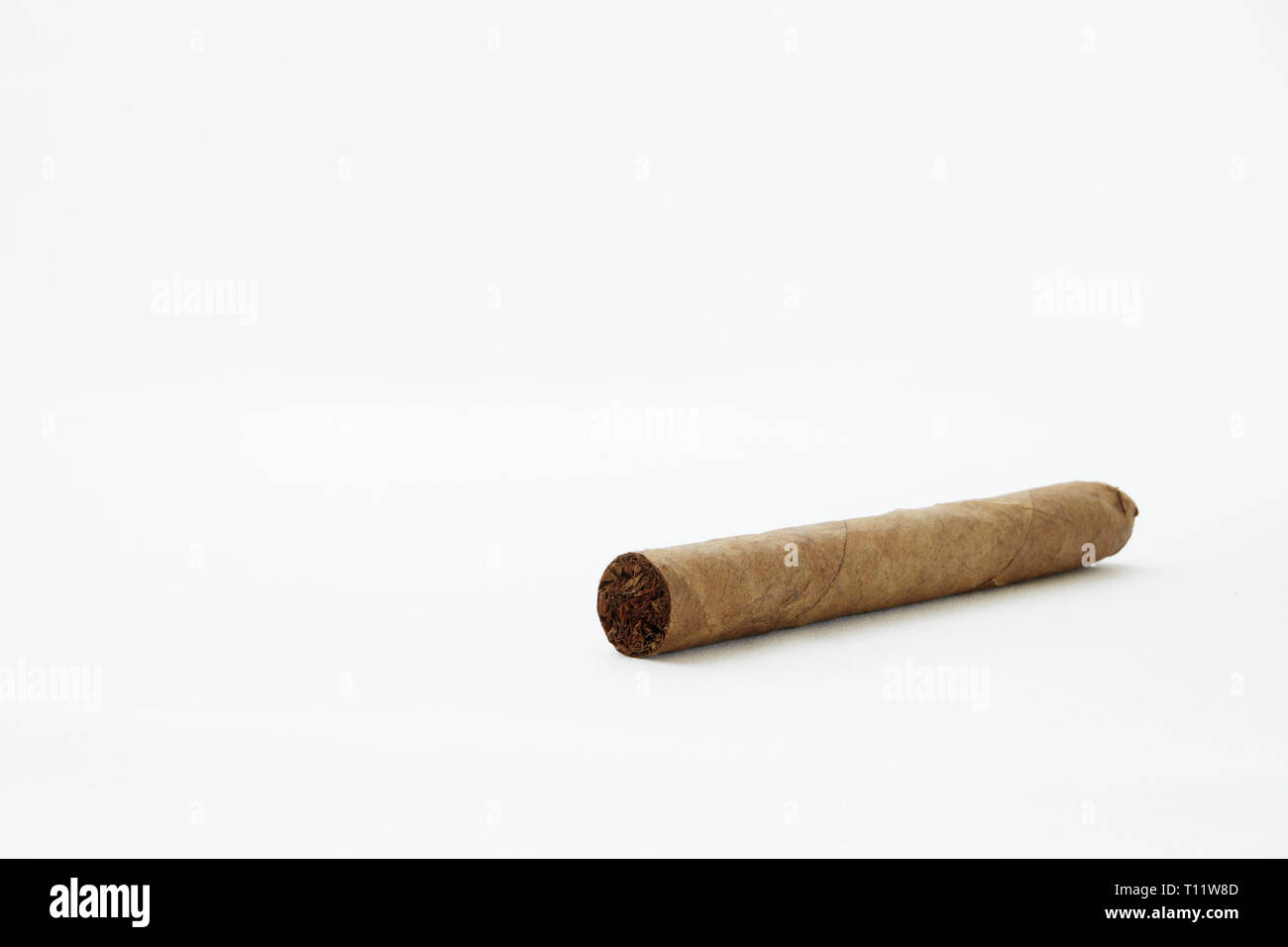 Nahaufnahme einer braunen Zigarre mit weißen Karton vor weißem Hintergrund Stockfoto