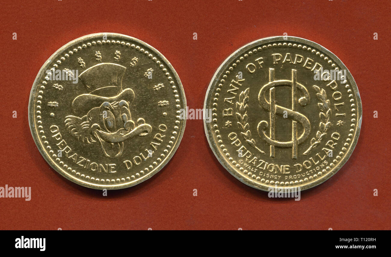 Italien - 1969: Disney Münzsammlung, Dollar, Betrieb, Bank von Entenhausen, Onkel Dagobert Duck auf der Seite und einem Dollar Symbol auf der anderen Seite Stockfoto