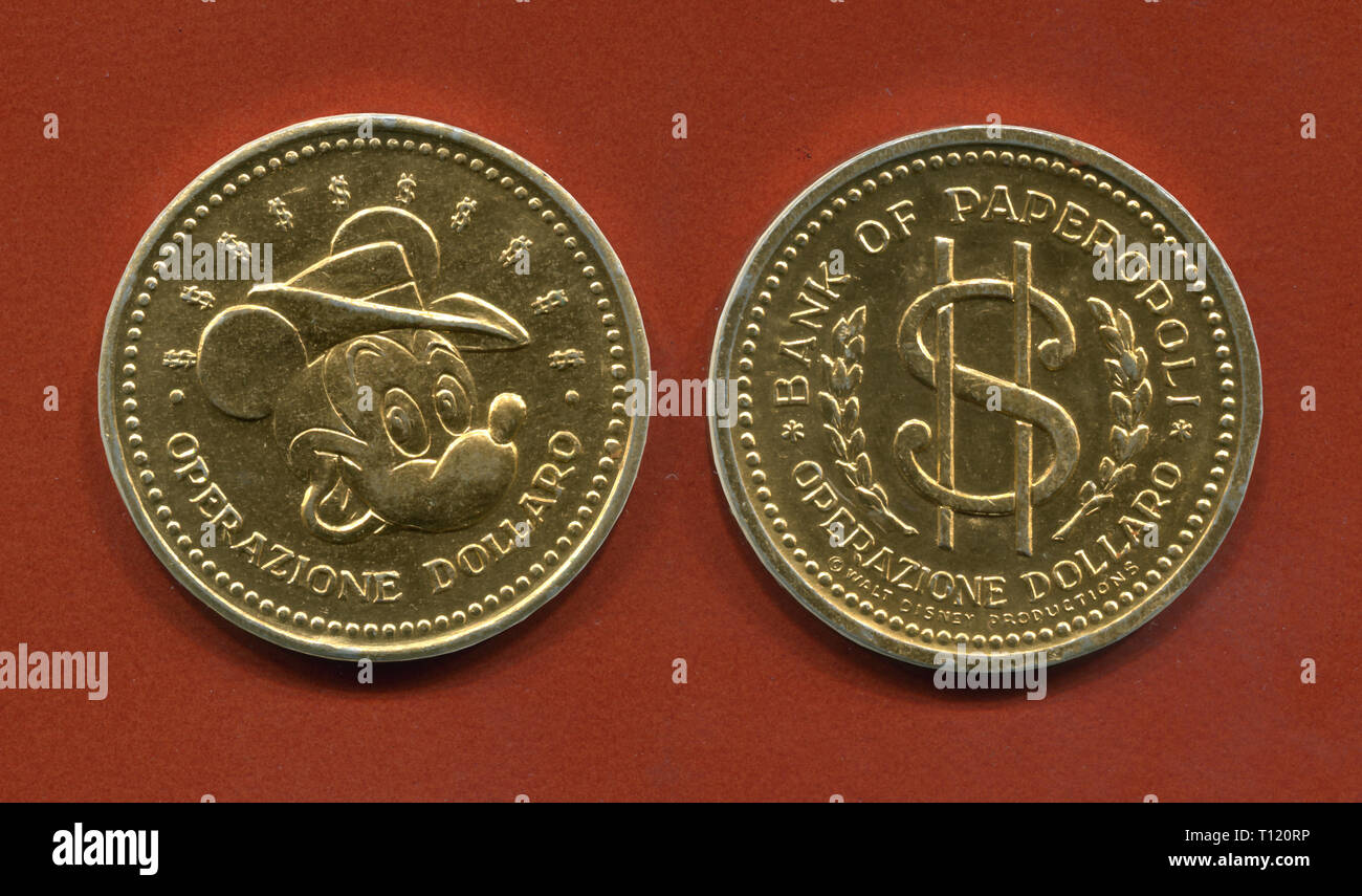 Italien - 1969: Disney Münzsammlung, Dollar, Betrieb, Bank von Entenhausen, Mickey Maus auf der Seite und einem Dollar Symbol auf der anderen Seite Stockfoto