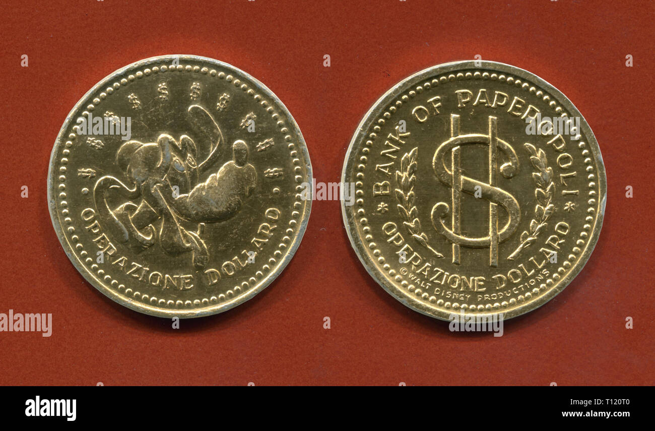 Italien - 1969: Disney Münzsammlung, Dollar, Betrieb, Bank von Entenhausen, Pluto Hund auf der Seite und einem Dollar Symbol auf der anderen Seite Stockfoto