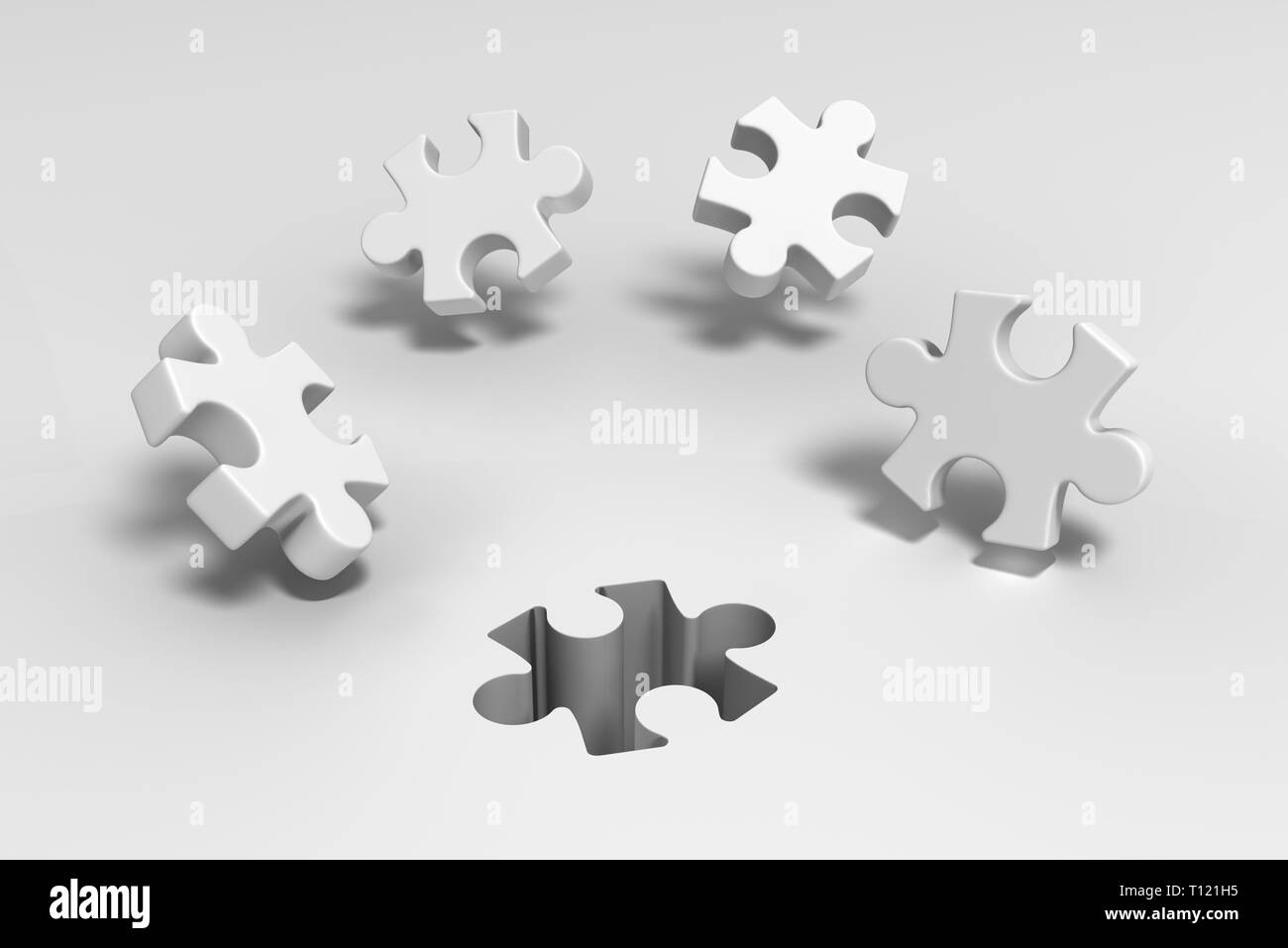 Jigsaw vier Puzzleteile mit weißen Loch fallen, 3D-Darstellung, horizontal Hintergrund Stockfoto